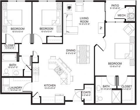 Floor plan for 3 beds, 2 baths, 1353 sqft